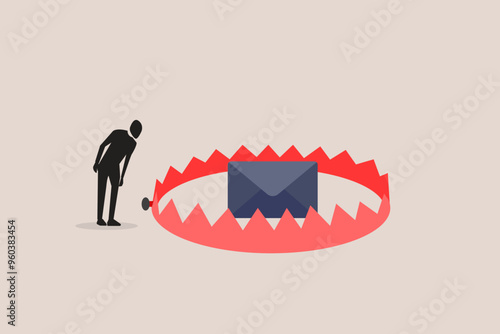 Businessman look email pitfall or mouse trap. Concept of scam mail and phishing