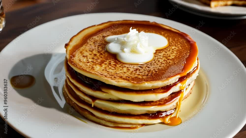 Fluffy pancakes drenched in maple syrup 360 degree video Fluffy pancakes drenched in maple syrup 360 degree video