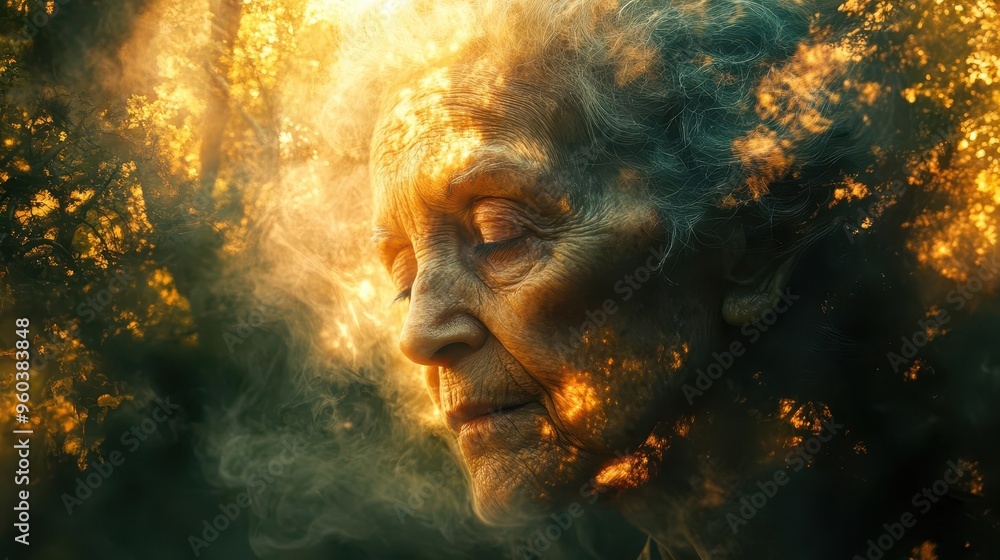 ethereal elderly woman with hidden face surrounded by mystical forest soft light filtering through trees creating an enchanting atmosphere ethereal elderly woman with hidden face surrounded by mystical forest soft light filtering through trees creating an enchanting atmosphere