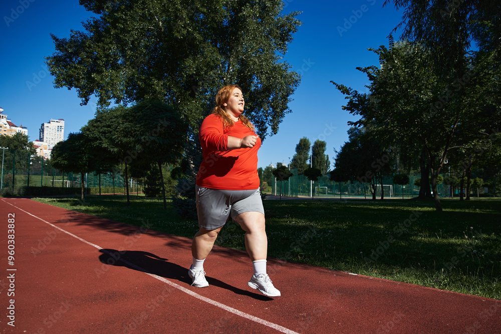 A plus size woman enjoys her morning jog in the park. A plus size woman enjoys her morning jog in the park.