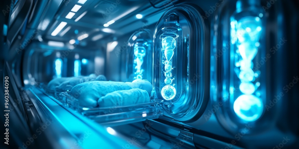 Obraz premium Blue glowing objects in a futuristic chamber.