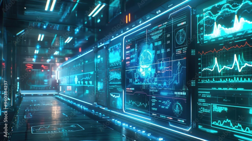 Futuristic digital workspace showcasing advanced technology with glowing interfaces and data visualizations. Futuristic digital workspace showcasing advanced technology with glowing interfaces and data visualizations.