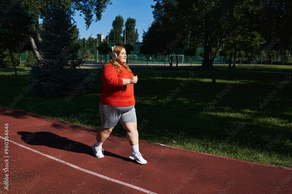 A plus size woman enjoys jogging in a lush green park. A plus size woman enjoys jogging in a lush green park.