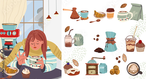 Vector hand-drawn set conveying a coffee aesthetic, with elements and people.