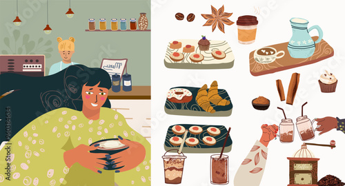 Vector hand-drawn set conveying a coffee aesthetic, with elements and people.