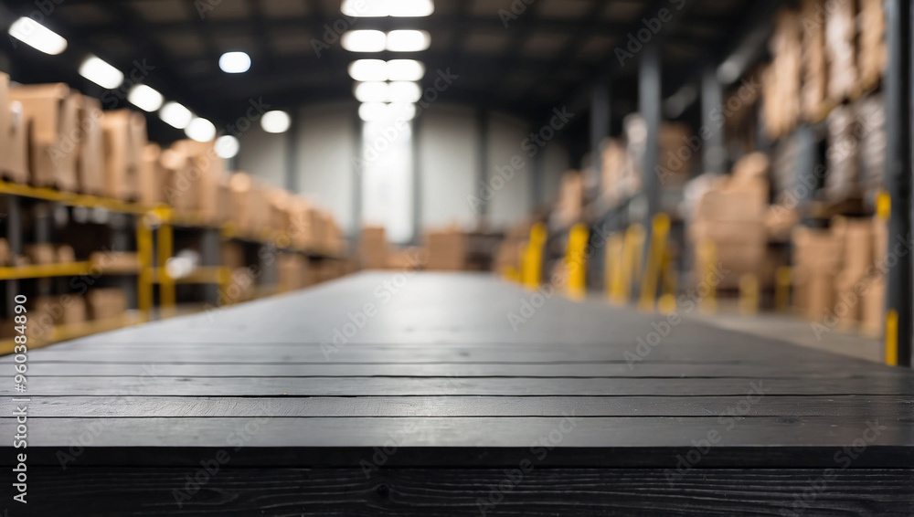The empty black wooden table top with blur background of warehouse of factory. For product display The empty black wooden table top with blur background of warehouse of factory. For product display
