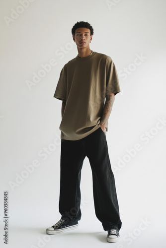 Young Man in Oversized Brown T-Shirt and Black Pants Posing Against White Background