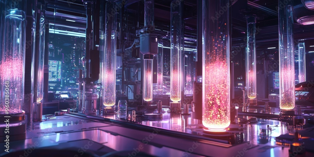 Futuristic room with glowing glass tubes. Futuristic room with glowing glass tubes.
