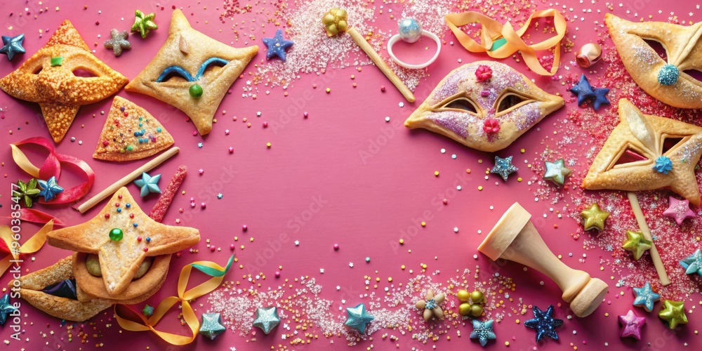 Purim celebration background with traditional Jewish carnival mask, hamantaschen cookies, cakes, rattle noisemaker, glitter and sparkles confetti on pink background Purim celebration background with traditional Jewish carnival mask, hamantaschen cookies, cakes, rattle noisemaker, glitter and sparkles confetti on pink background