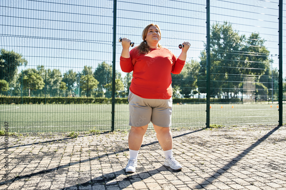 A plus size woman exercises with dumbbells in a lively park. A plus size woman exercises with dumbbells in a lively park.