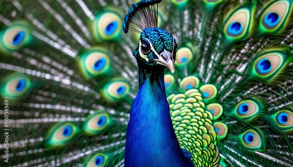 Obraz premium A vibrant peacock displaying its colorful feathers in a stunning natural setting.