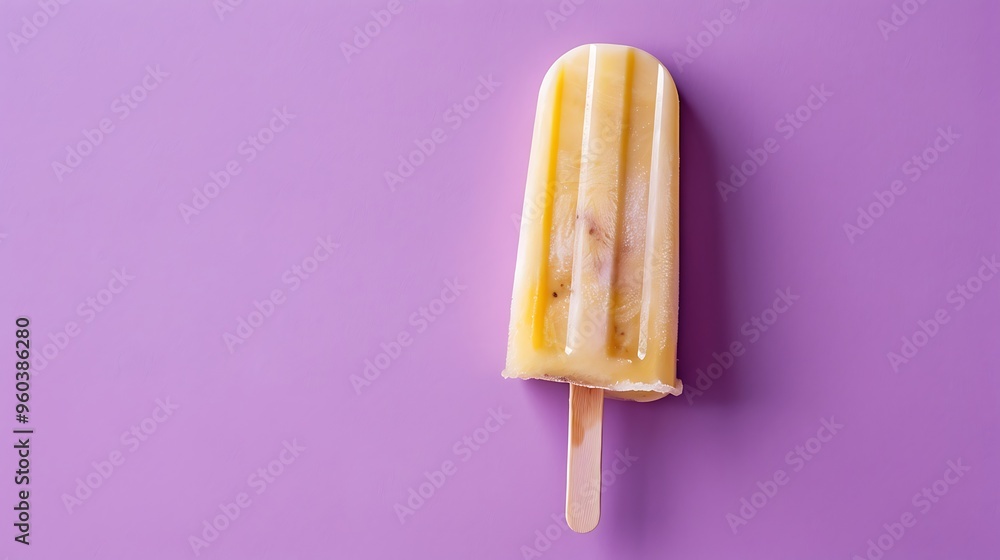 Banana ice popsicle on an a wide solid purple backdrop Banana ice popsicle on an a wide solid purple backdrop