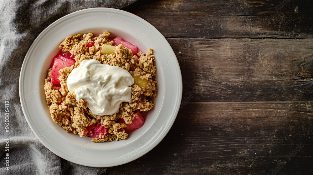Delicious apple rhubarb crumble with a dollop of whipped cream on a rustic wooden table is the perfect dessert Delicious apple rhubarb crumble with a dollop of whipped cream on a rustic wooden table is the perfect dessert