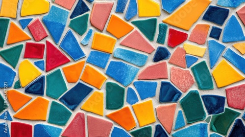 Vibrant mosaic pattern featuring colorful, irregularly shaped tiles in various shades of blue, red, orange, and green.