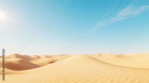 Sunny desert landscape with rolling sand dunes under a clear blue sky, providing a tranquil and expansive view.