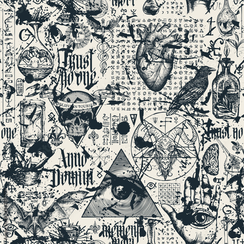 Grunge Vintage hand-drawn seamless pattern on occultism, satanism and witchcraft. Abstract masonic background. Latin phrases translated Think about death, From Nativity of Christ