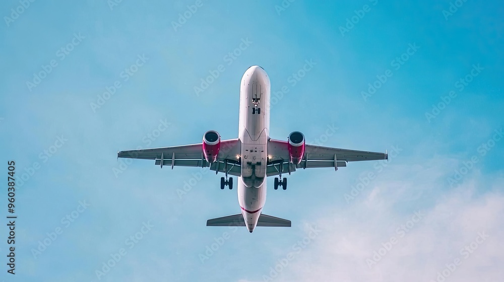 An airplane flying against a clear blue sky, capturing the essence of travel and freedom in aviation. An airplane flying against a clear blue sky, capturing the essence of travel and freedom in aviation.