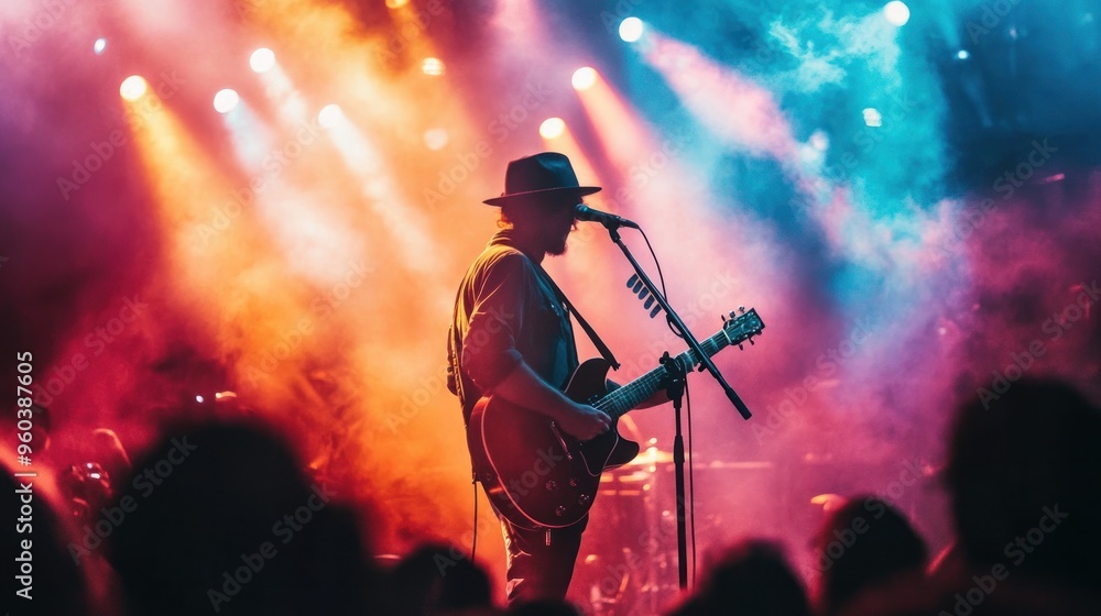 A musician lost in playing guitar music on stage, vibrant spotlight, audience in awe, A musician lost in playing guitar music on stage, vibrant spotlight, audience in awe,