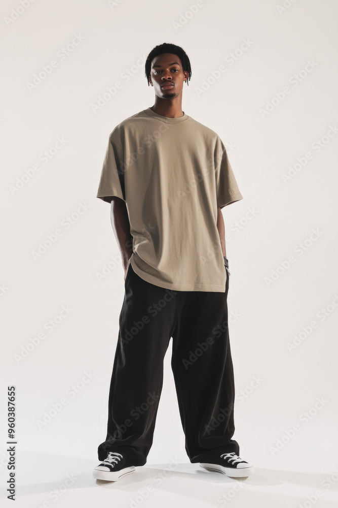 Casual Streetwear Fashion - Young Man in Brown T-Shirt and Black Pants Against White Backdrop Casual Streetwear Fashion - Young Man in Brown T-Shirt and Black Pants Against White Backdrop