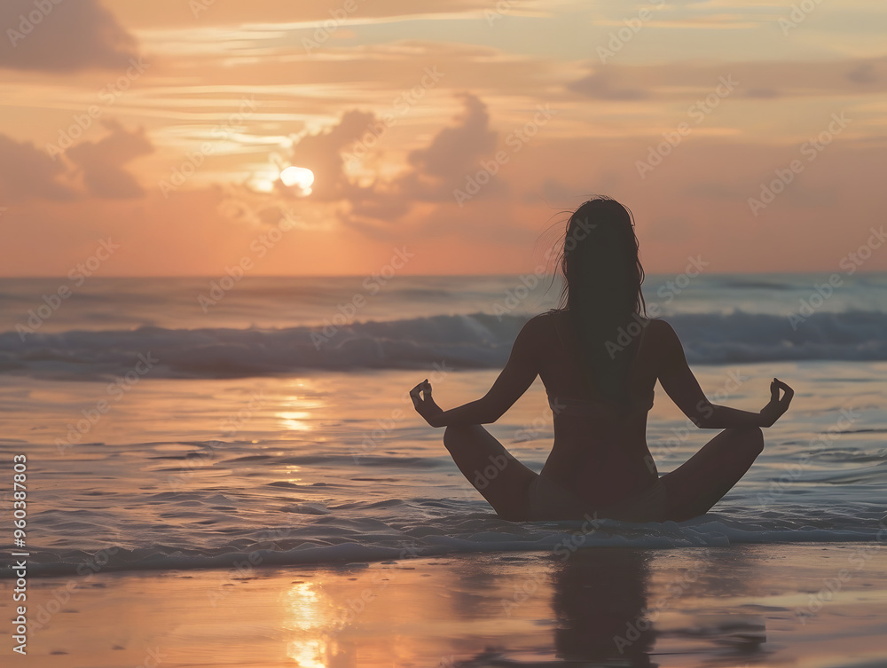 Woman practicing yoga or meditating on the beach at sunrise Woman practicing yoga or meditating on the beach at sunrise