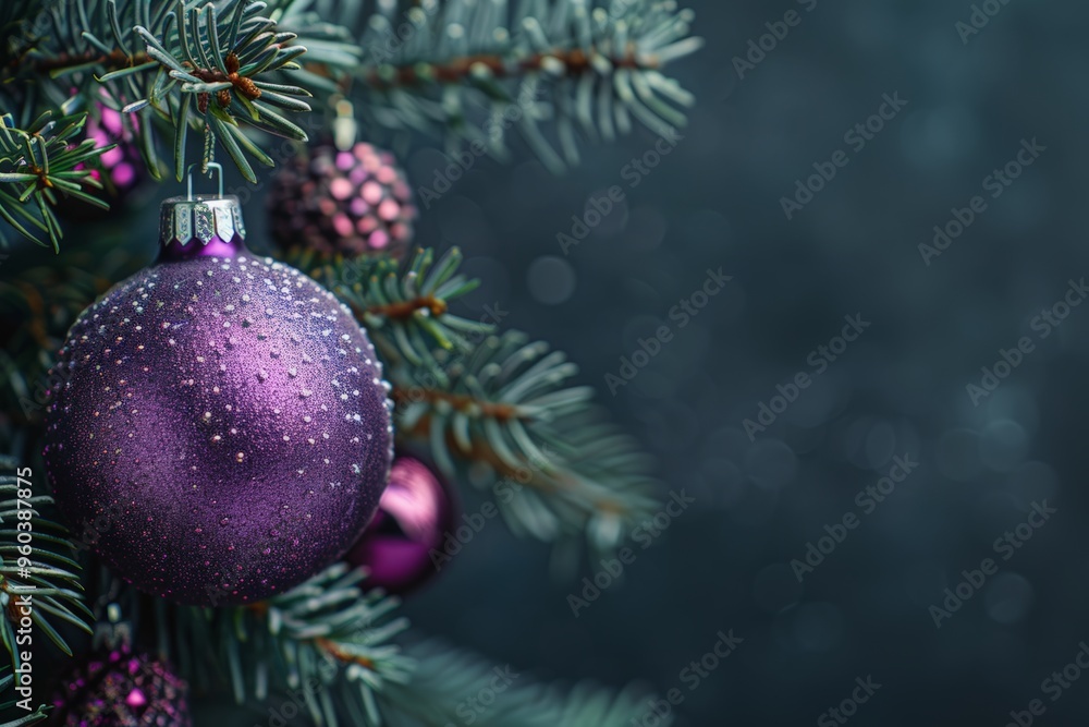 Obraz premium Close-up of a shimmering purple ornament hanging on a green pine branch, capturing the elegance of holiday decoration.