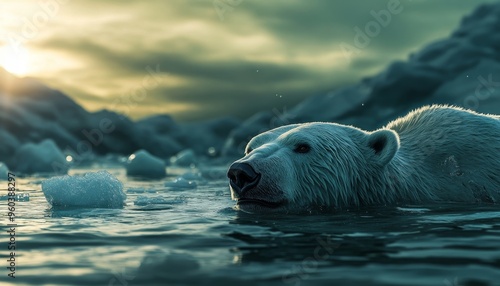 A serene polar bear swims through icy waters at sunset, capturing the beauty of wildlife in a changing environment. photo