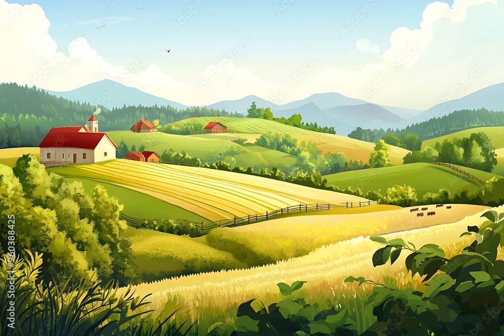 Fototapeta premium Rural Idyll with Rolling Hills, Farmhouse, and Golden Fields