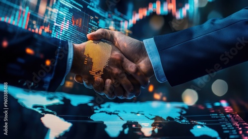 A private equity deal negotiation, with international investors discussing investment terms, digital contracts and financial models visible, high-stakes and global atmosphere photo