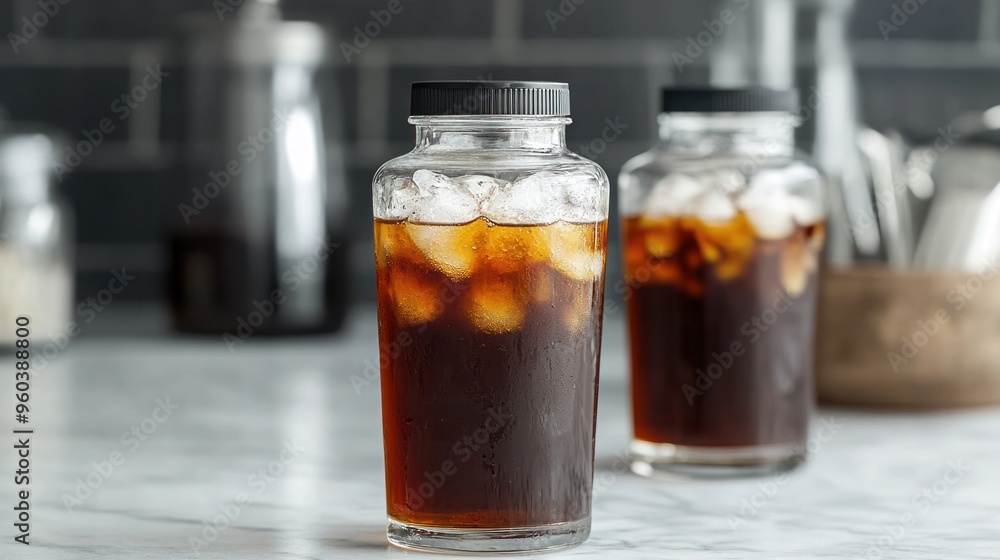 A product shot of a bottle of cold brew concentrate with a glass filled with ice, ready to be mixed for a refreshing drink A product shot of a bottle of cold brew concentrate with a glass filled with ice, ready to be mixed for a refreshing drink