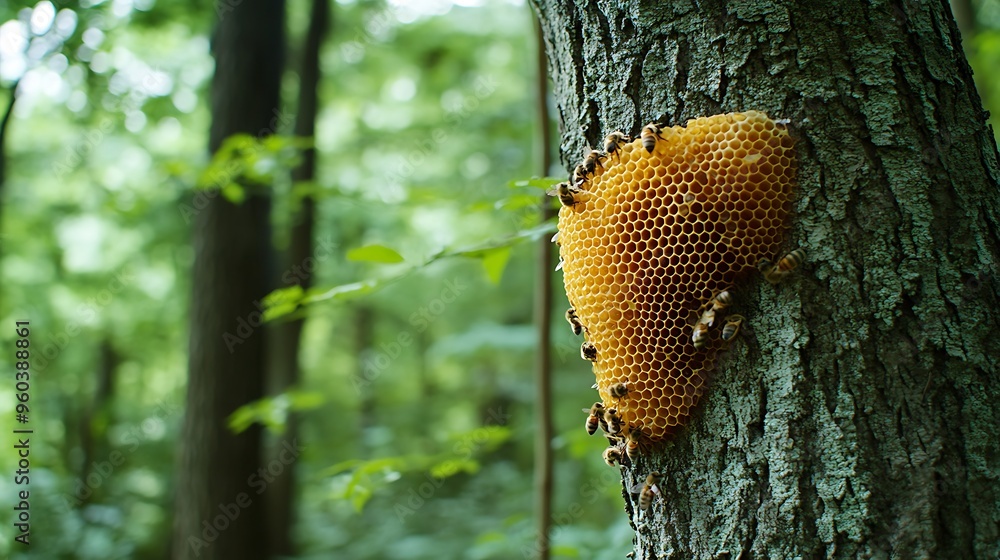 Honeycomb Hive on a Tree Trunk in a Forest Honeycomb Hive on a Tree Trunk in a Forest