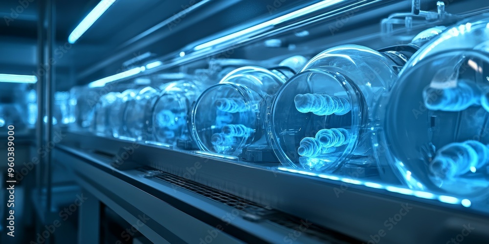 Blue light illuminates glass tubes in a row. Blue light illuminates glass tubes in a row.