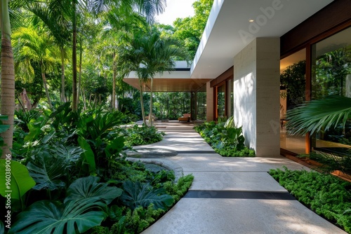 House, tropical villa, indoor-outdoor living blurs the lines between inside and outside with open-air spaces and lush greenery