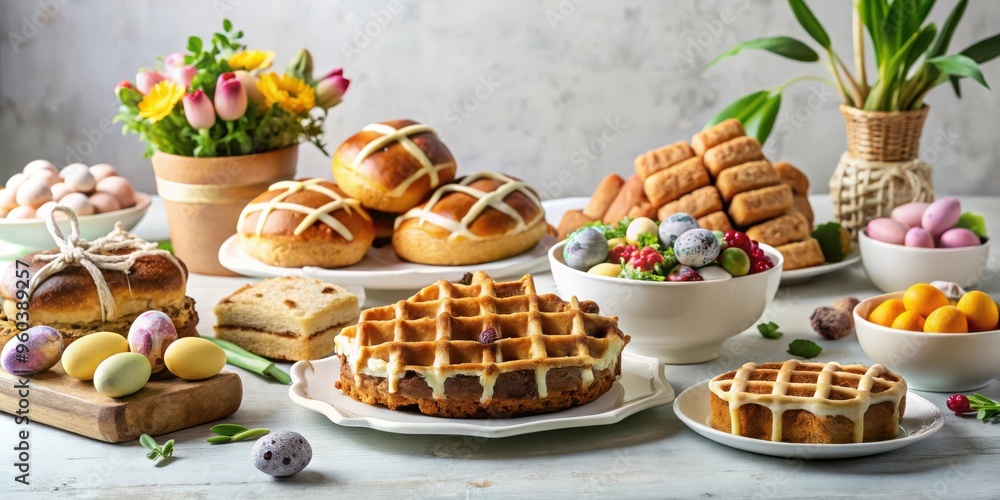 Easter dessert table with assortment of hot cross buns, cakes, and waffles Easter dessert table with assortment of hot cross buns, cakes, and waffles