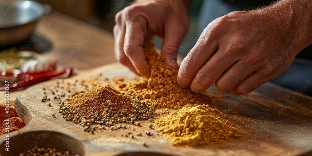 A hand sifting spices on a wooden board. A hand sifting spices on a wooden board.