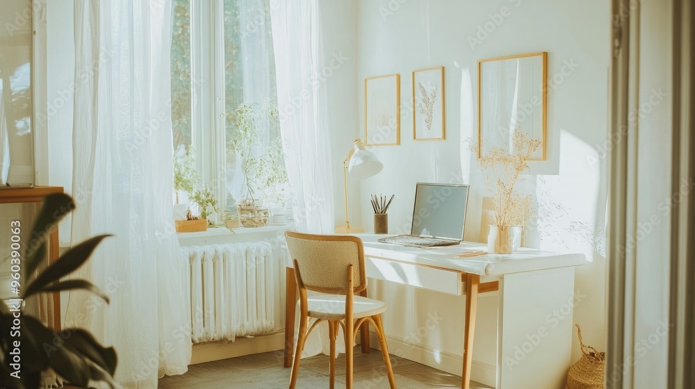 A cozy study or office space with white walls, furniture, and decor, creating a calm and uncluttered work environment A cozy study or office space with white walls, furniture, and decor, creating a calm and uncluttered work environment