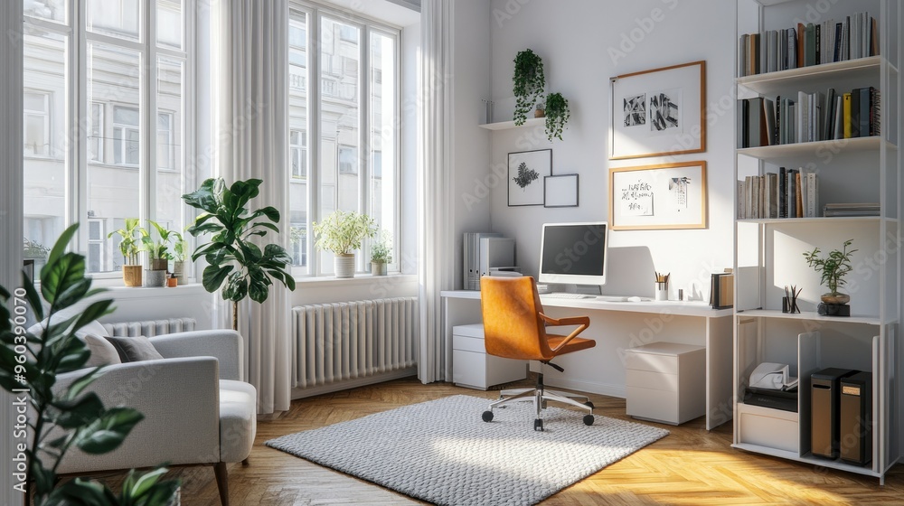 A cozy study or office space with white walls, furniture, and decor, creating a calm and uncluttered work environment A cozy study or office space with white walls, furniture, and decor, creating a calm and uncluttered work environment