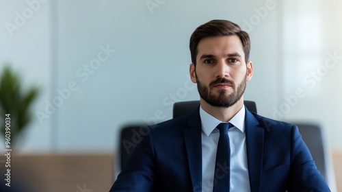 Confident businessman in suit sitting in office, looking directly at camera.