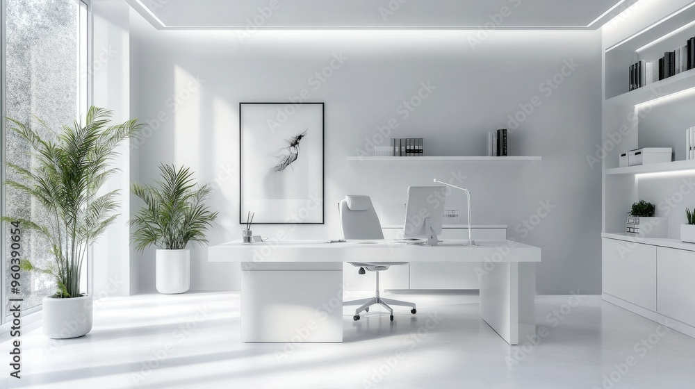 A modern all-white home office with clean lines, minimalistic decor, and bright lighting, emphasizing a professional and fresh atmosphere A modern all-white home office with clean lines, minimalistic decor, and bright lighting, emphasizing a professional and fresh atmosphere