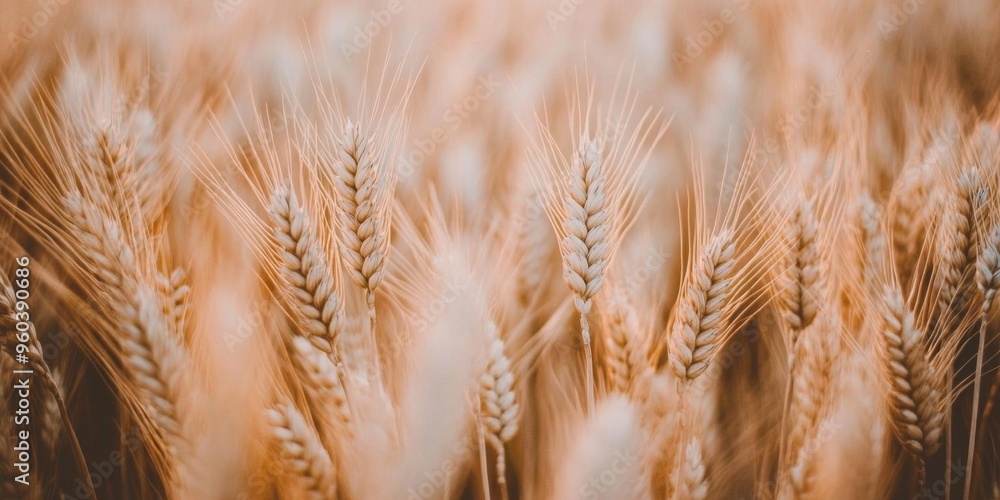 Fototapeta premium Golden Wheat Fields Swaying in Autumn Breeze: Picturesque Rural Landscape Heralds Bountiful Harvest Season. Symbolic Imagery of Agricultural Abundance, Changing Seasons, and Farmer's Renewed Hope. AI-