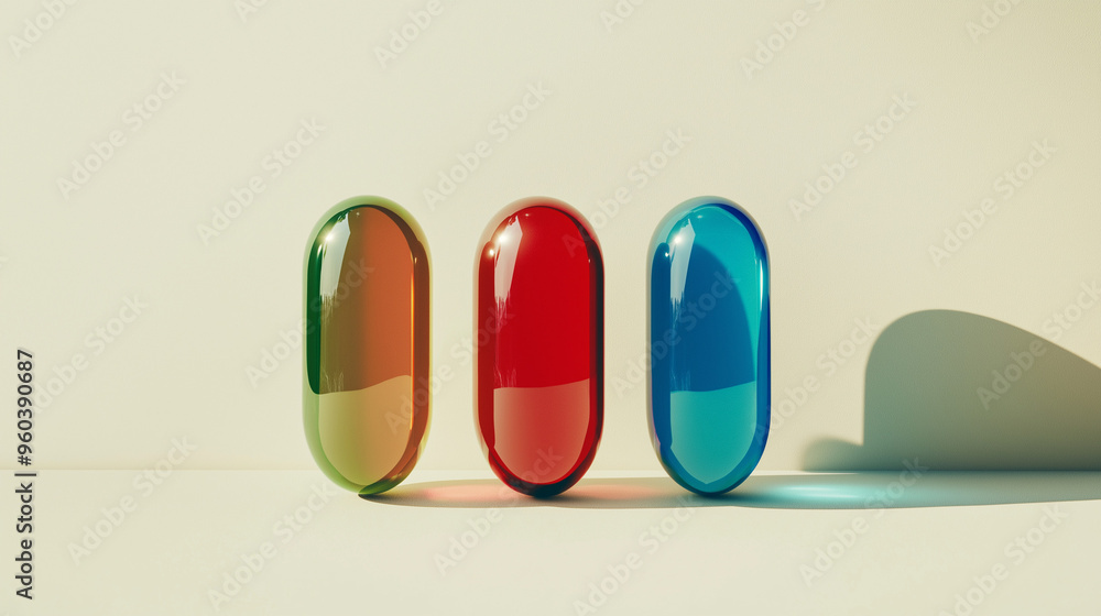 a set of three gel capsules in a row, each a different color: red, blue, and green against an isolated light ivory background a set of three gel capsules in a row, each a different color: red, blue, and green against an isolated light ivory background