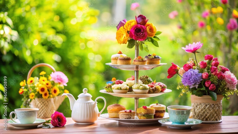 A stunning afternoon tea set up with colorful flowers and plenty of copy space A stunning afternoon tea set up with colorful flowers and plenty of copy space