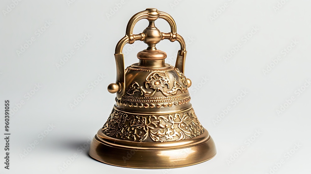 A slightly enlarged, high-definition image of a brass bell isolated against a pure white background. A slightly enlarged, high-definition image of a brass bell isolated against a pure white background.
