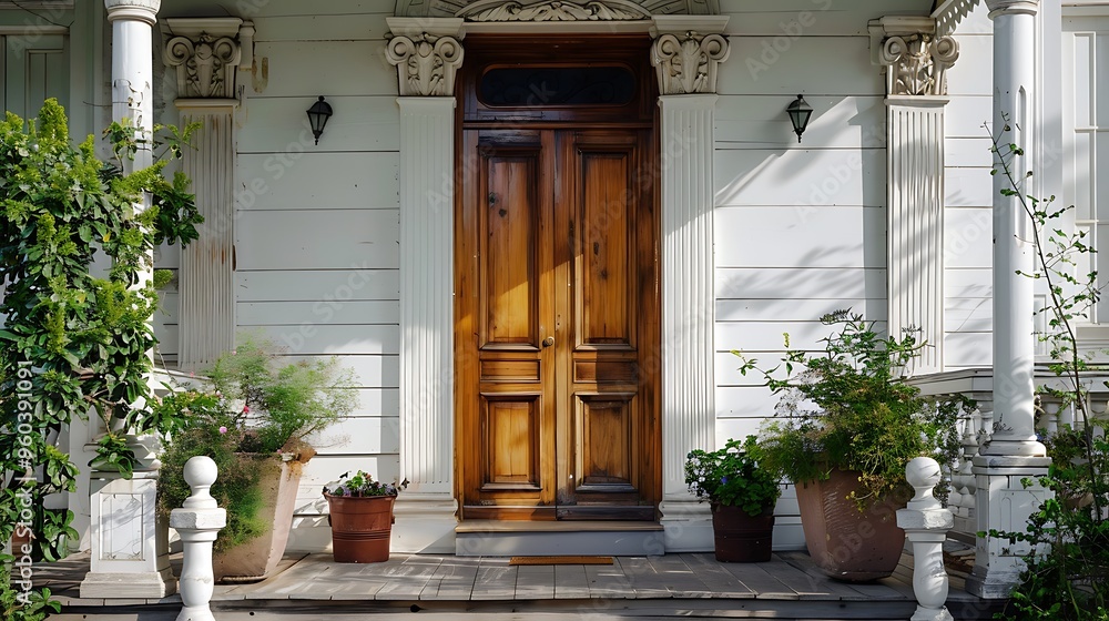 Beautiful porch with a wooden door and ornate trim on a modern Beautiful porch with a wooden door and ornate trim on a modern