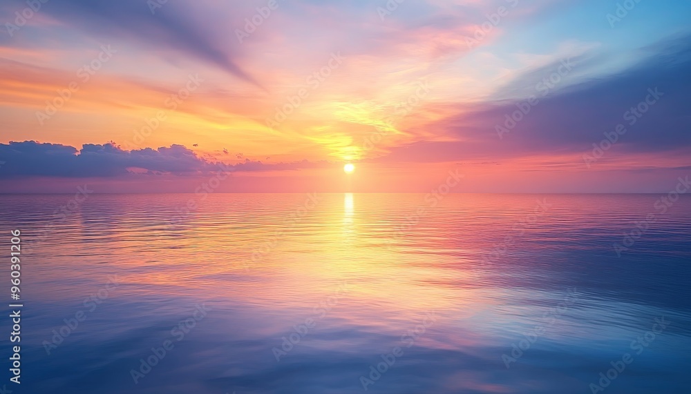 A serene sunset over a calm ocean, reflecting vibrant colors in the water. A serene sunset over a calm ocean, reflecting vibrant colors in the water.