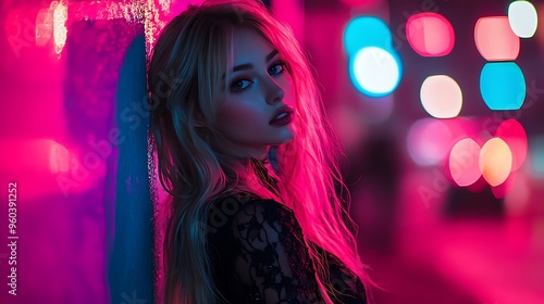 Stylish woman with long blonde hair, dressed in black lace, standing against a bright neon wall, with city bokeh in the background