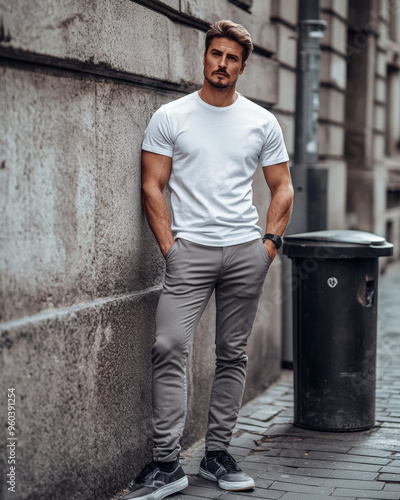 Stylish Male in Casual Outfit Leaning on Concrete Wall in City Street photo