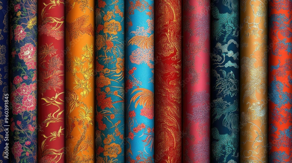 A vibrant collection of Chinese fabric patterns in high resolution, with bold colors and intricate designs, perfect for textiles A vibrant collection of Chinese fabric patterns in high resolution, with bold colors and intricate designs, perfect for textiles