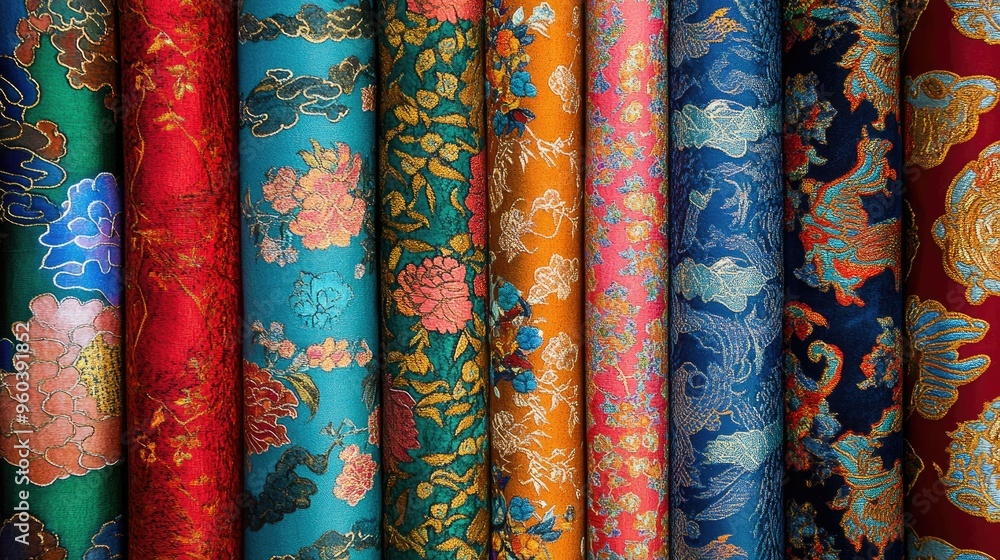 A vibrant collection of Chinese fabric patterns in high resolution, with bold colors and intricate designs, perfect for textiles A vibrant collection of Chinese fabric patterns in high resolution, with bold colors and intricate designs, perfect for textiles