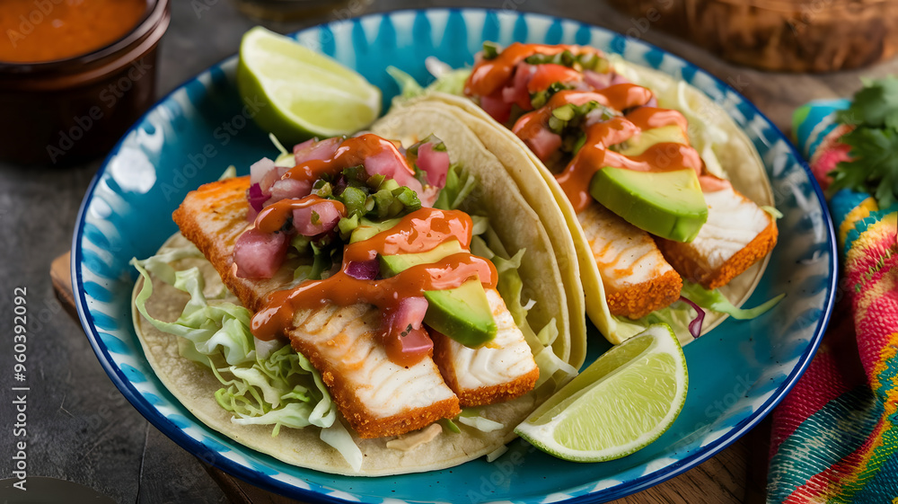 A plate of fish tacos with battered white fish, shredded cabbage, pico de gallo, and avocado slices, drizzled with a spicy crema and served with lime wedges. A plate of fish tacos with battered white fish, shredded cabbage, pico de gallo, and avocado slices, drizzled with a spicy crema and served with lime wedges.