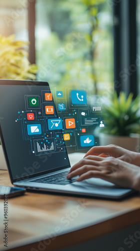 Digital Communication and Social Media Icons on Laptop